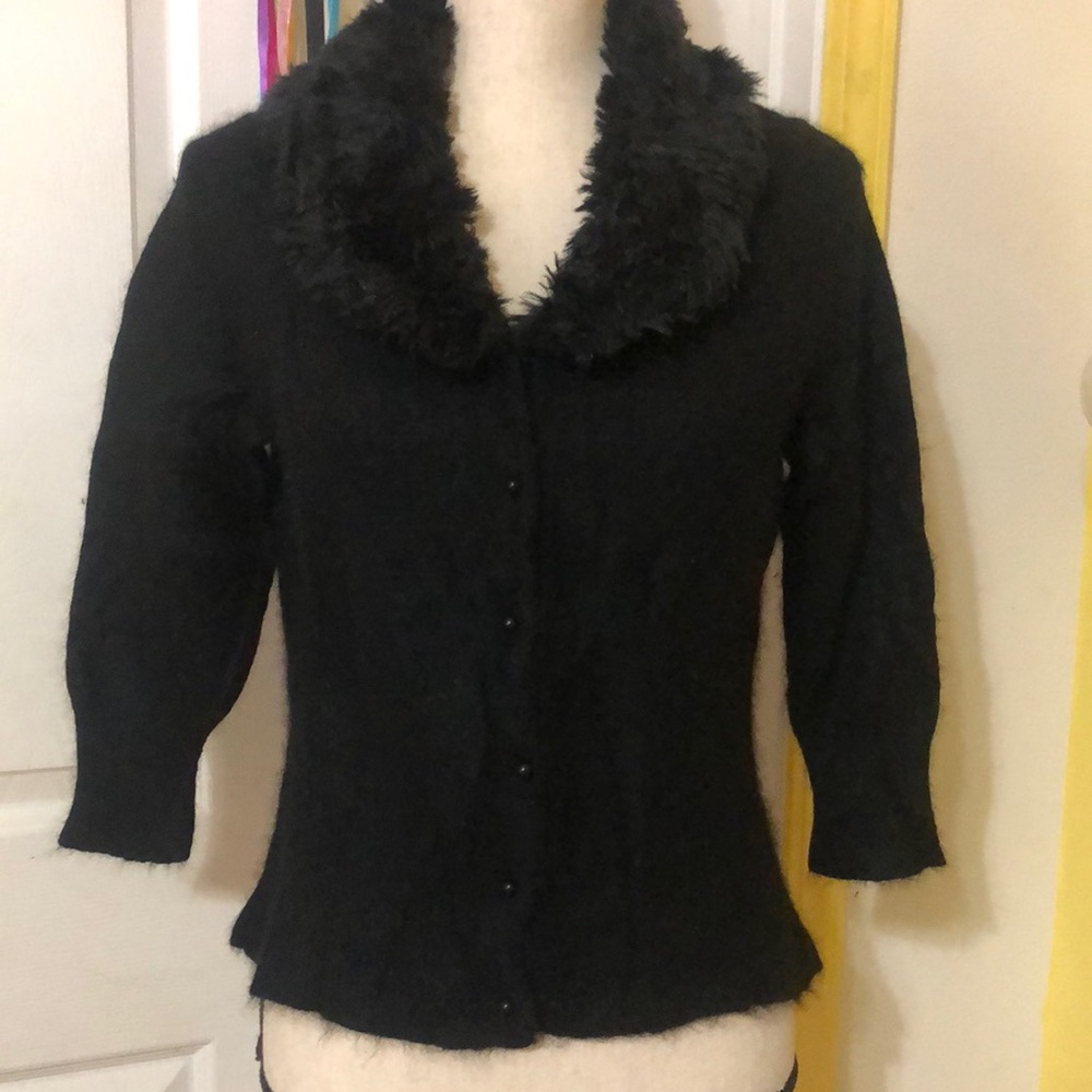 Wool cardigan with faux fur collar black